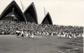 Photographs of dancers performaing  demonstration in front of Sydney Opera House