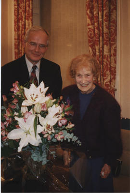 Photograph of Stewart Adam & Muriel Gibson at a party to celebrate her 90th birthday.