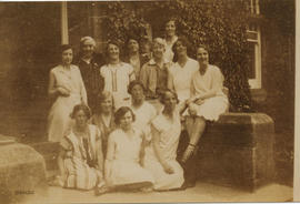 Photograph of Ysobel Stewart with a group at University Hall